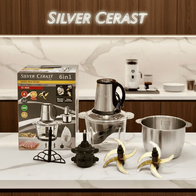 خرد کن دوکاسه سیلور کرست_ مدل 4030_ ظرفیت ۴+۴لیتر _6+6 تیغه تیتانیوم طلایی _همراه با سیر پوست کن و همزن _قدرت 3000wوات